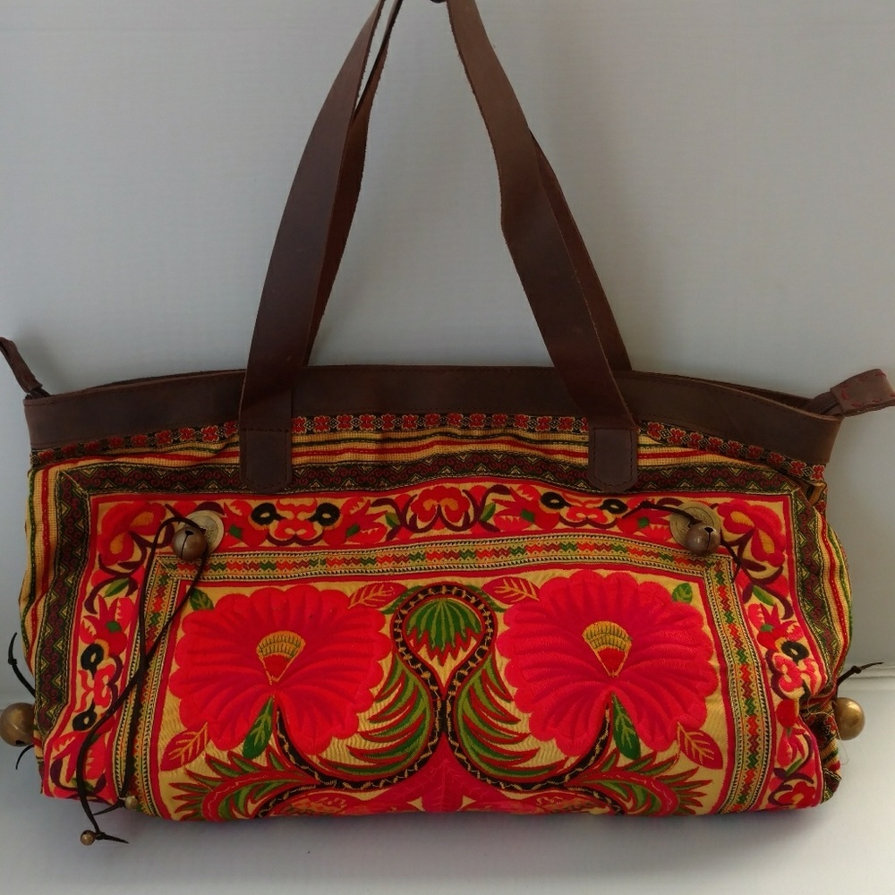 Boho festival bag yellow floral leather trim. New